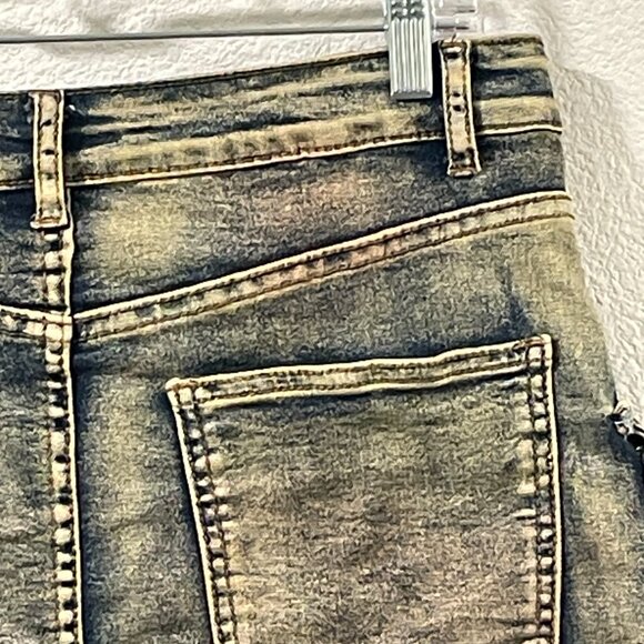 AMERICAN BAZI Denim Mini Skirt Cargo Pockets Over-dyed Distressed Blue Size L - Picture 9 of 13